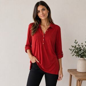 Chicos NWT Woven Detail Knit Top Blouse Red Classic Minimalist Career Sz XXL